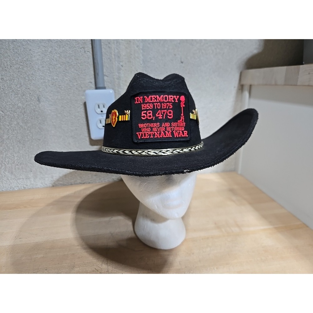 Vintage Summit Black Wool Felt Cowboy Vaquero M Hat Vietnam Pins Patches Flaws*